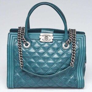 Chanel Green Double Stitch Leather Boy Tote Bag